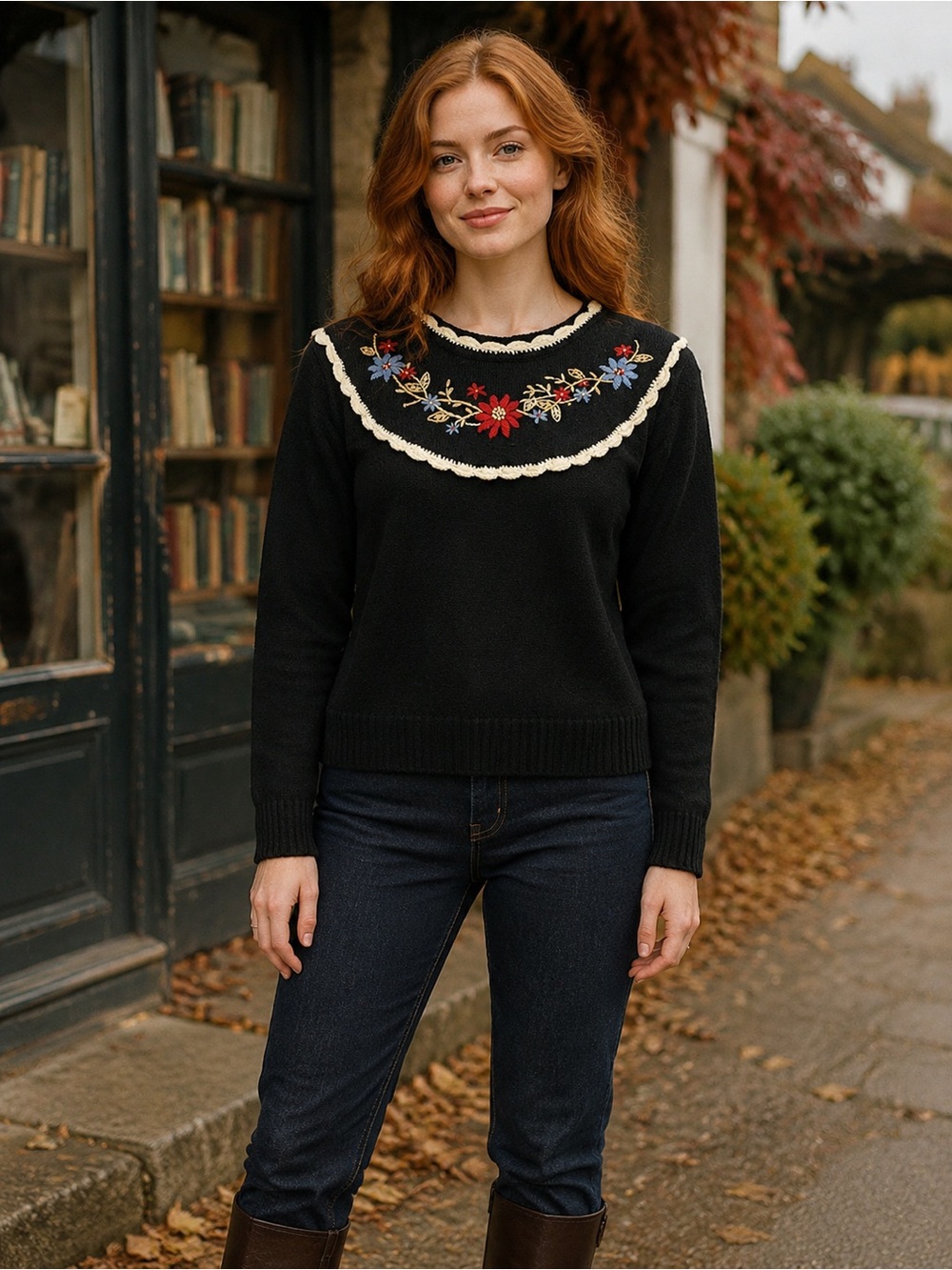 Simple Retro Aurora Sweater Floral Embroidery Crochet Trim Cottagecore Black S